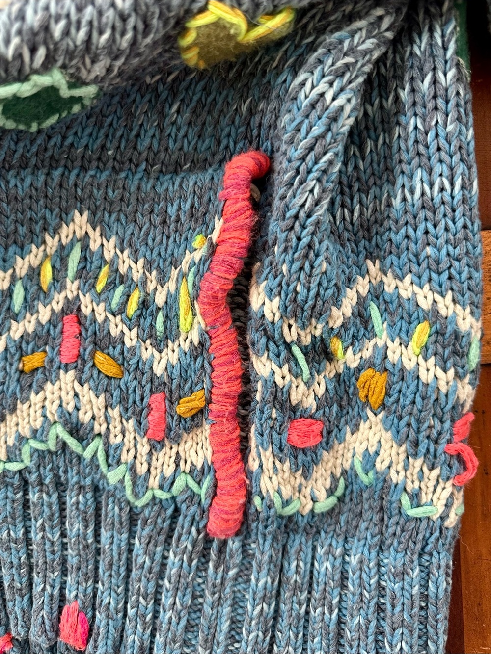 Anthropologie size medium Blue Knit Zip Hoodie with Multicolor Sea themed stitch - Picture 5 of 11